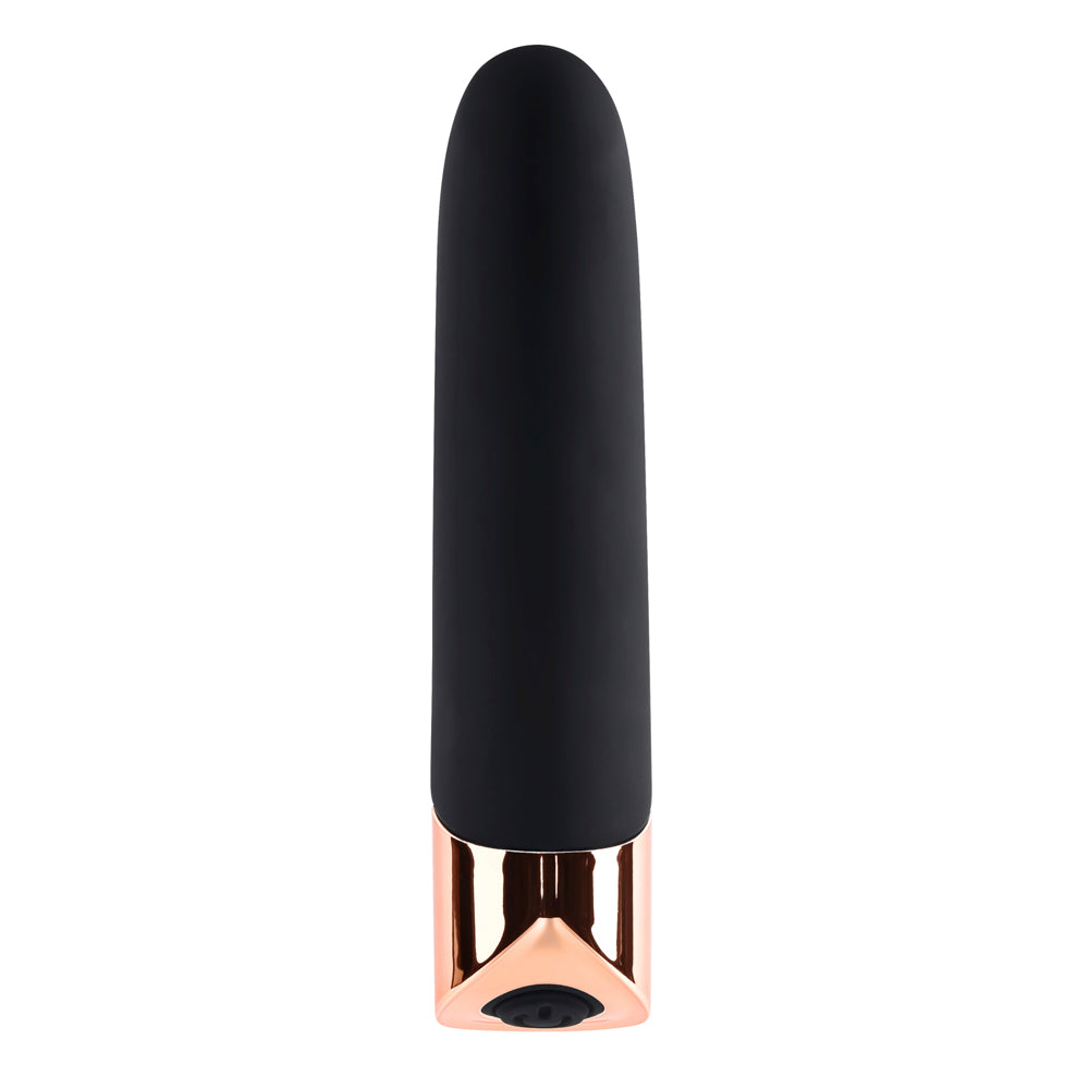 Black silicone bullet vibrator with rose gold accents.
