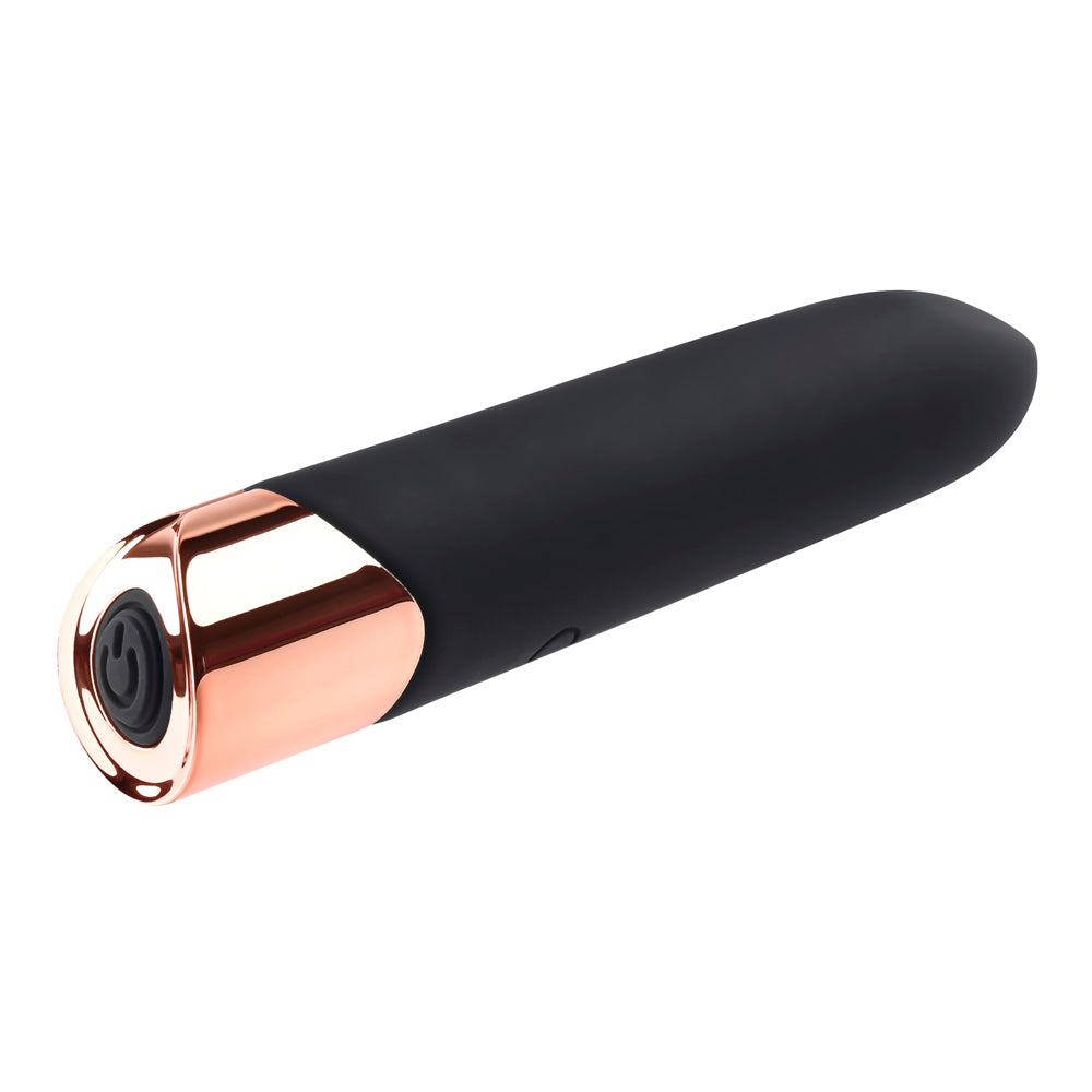 Black silicone bullet vibrator with rose gold accents.