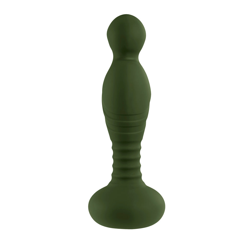 A green vibrator with a bulbous head, ribbed stem, and flared base.
