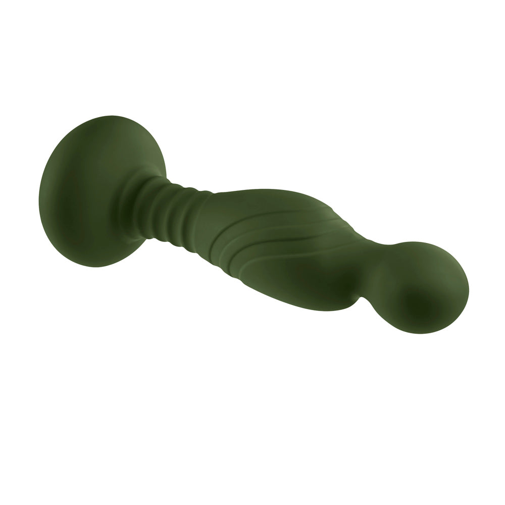 A green vibrator with a flared base and a curved, textured shaft.