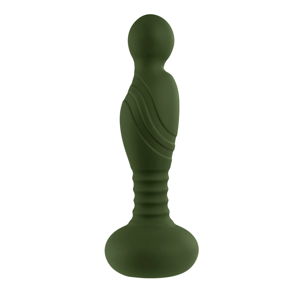 A dark green vibrator with a rounded head, curved body, ribbed stem, and flared base.