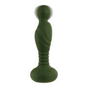 A green vibrator with a textured stem and a rounded base.