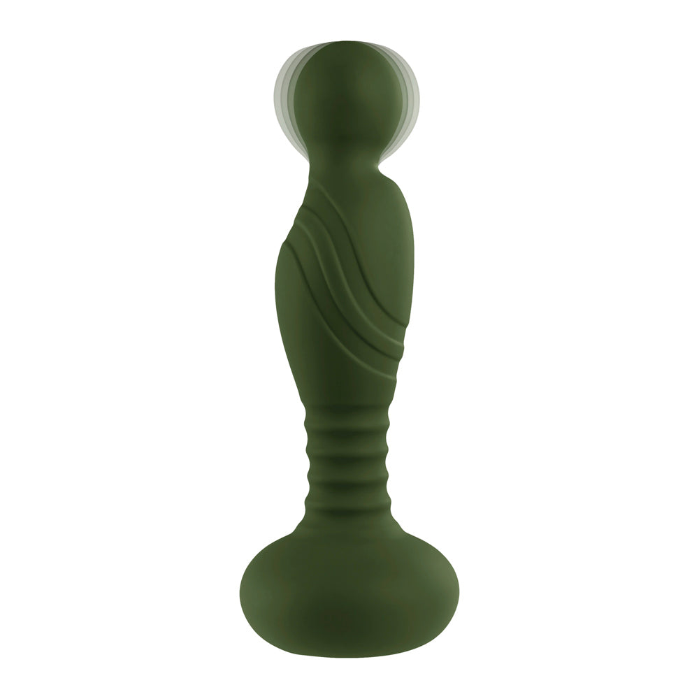 A green vibrator with a textured stem and a rounded base.