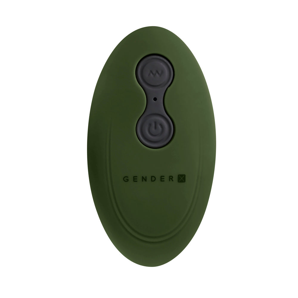 A green oval remote with two black buttons and the text "GENDER X".