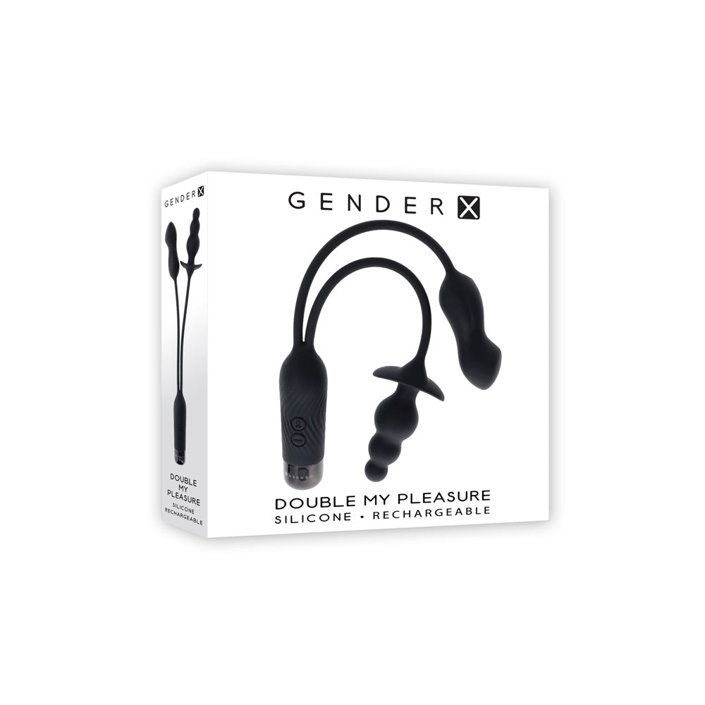 Black silicone double vibe with beaded plug and flexible cord on packaging.