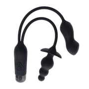 Black silicone double motor rechargeable vibe with beaded plug.