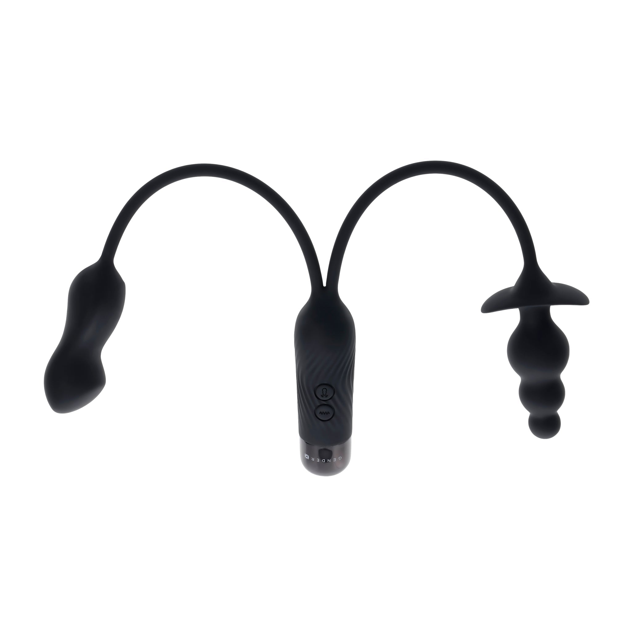 Black silicone rechargeable vibe with dual motors, a beaded plug, and a flexible cord.