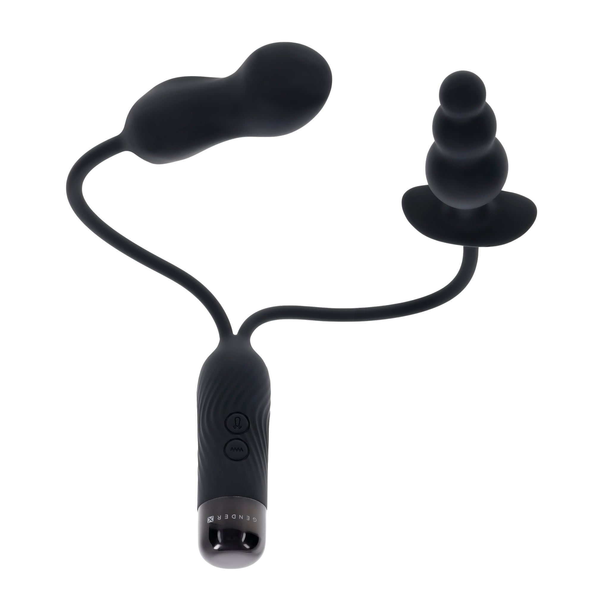 Black silicone dual motor rechargeable vibe with beaded plug and mini-vibe.