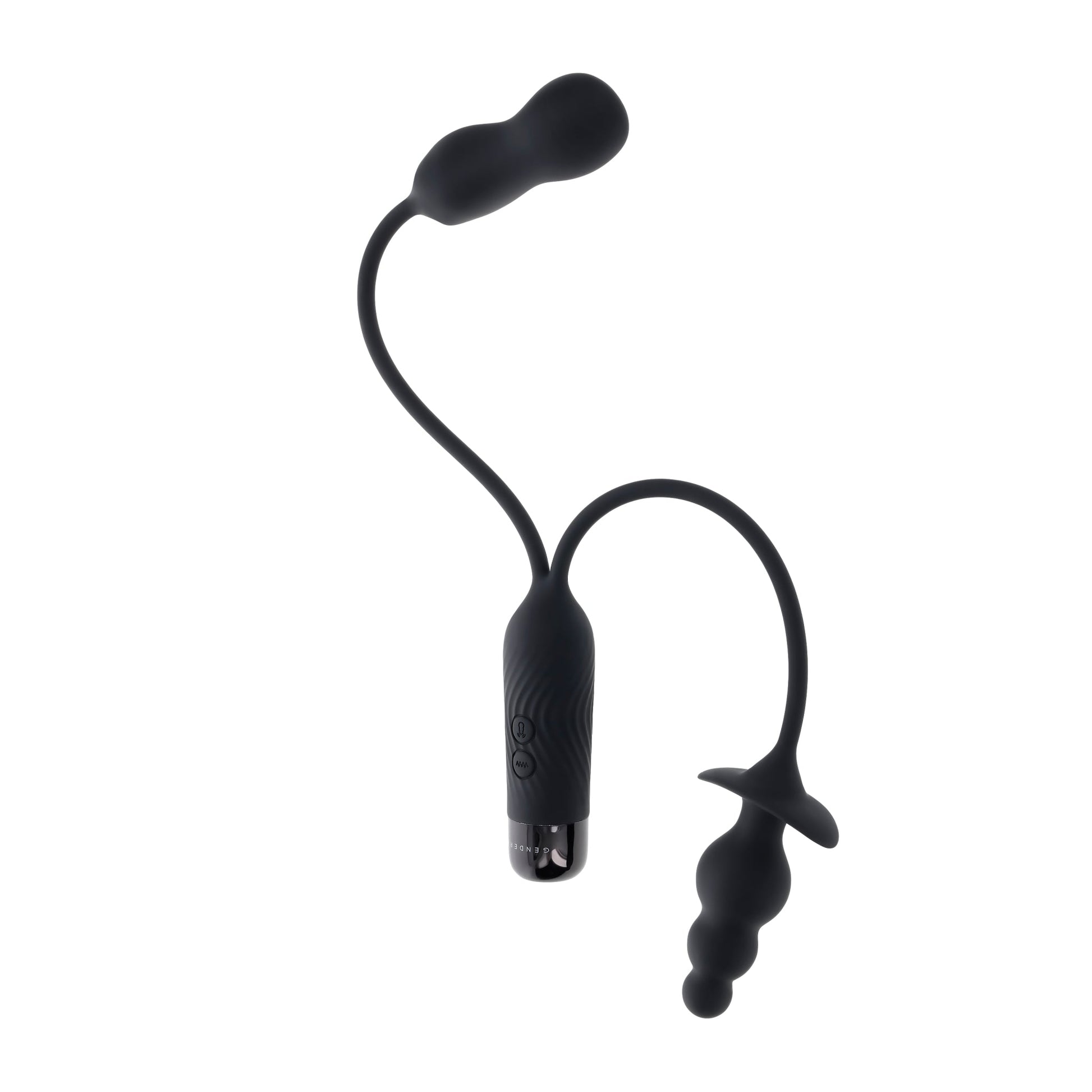 Black silicone rechargeable vibe with dual motors and a beaded plug.