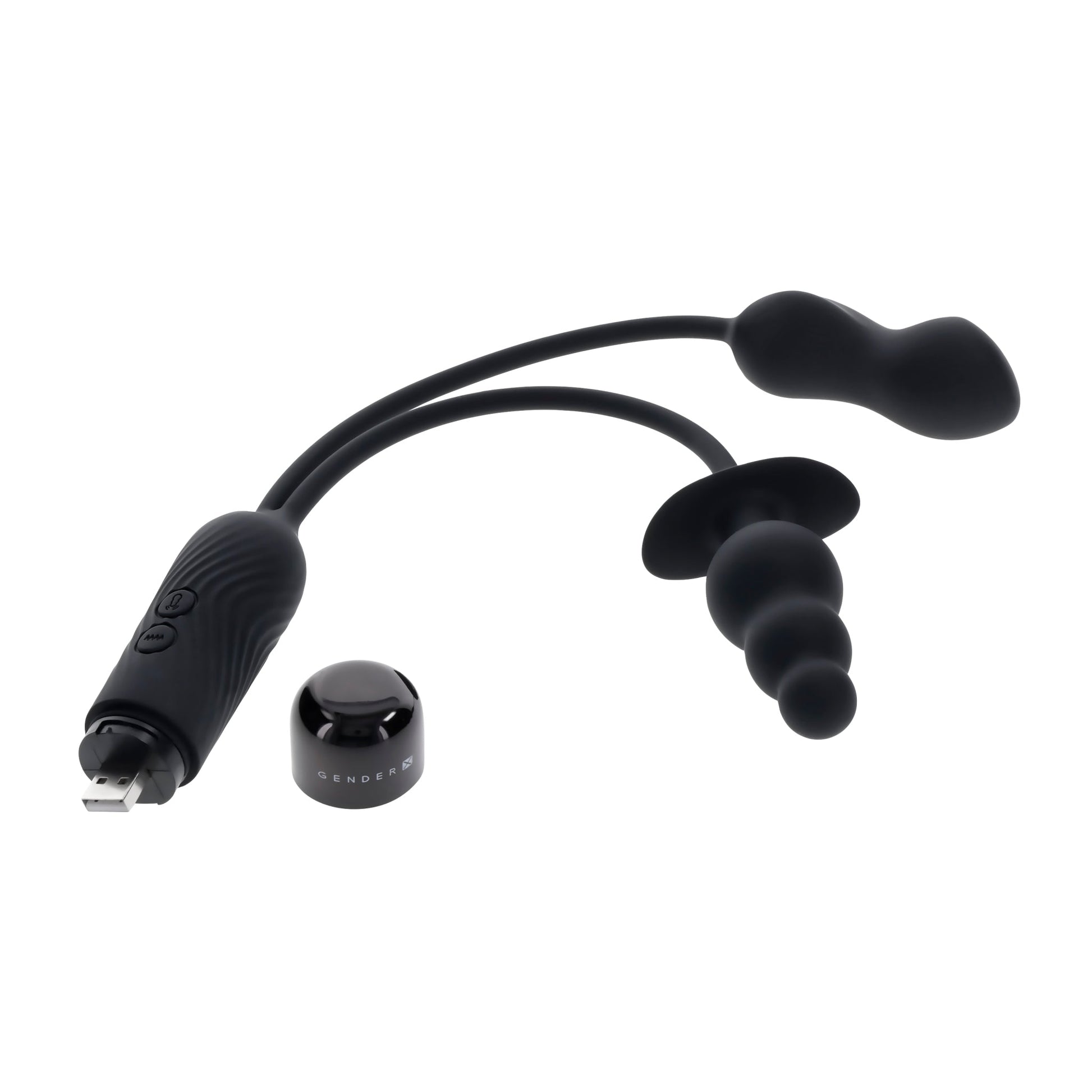 Black silicone double motor rechargeable vibe with beaded plug and USB charging.