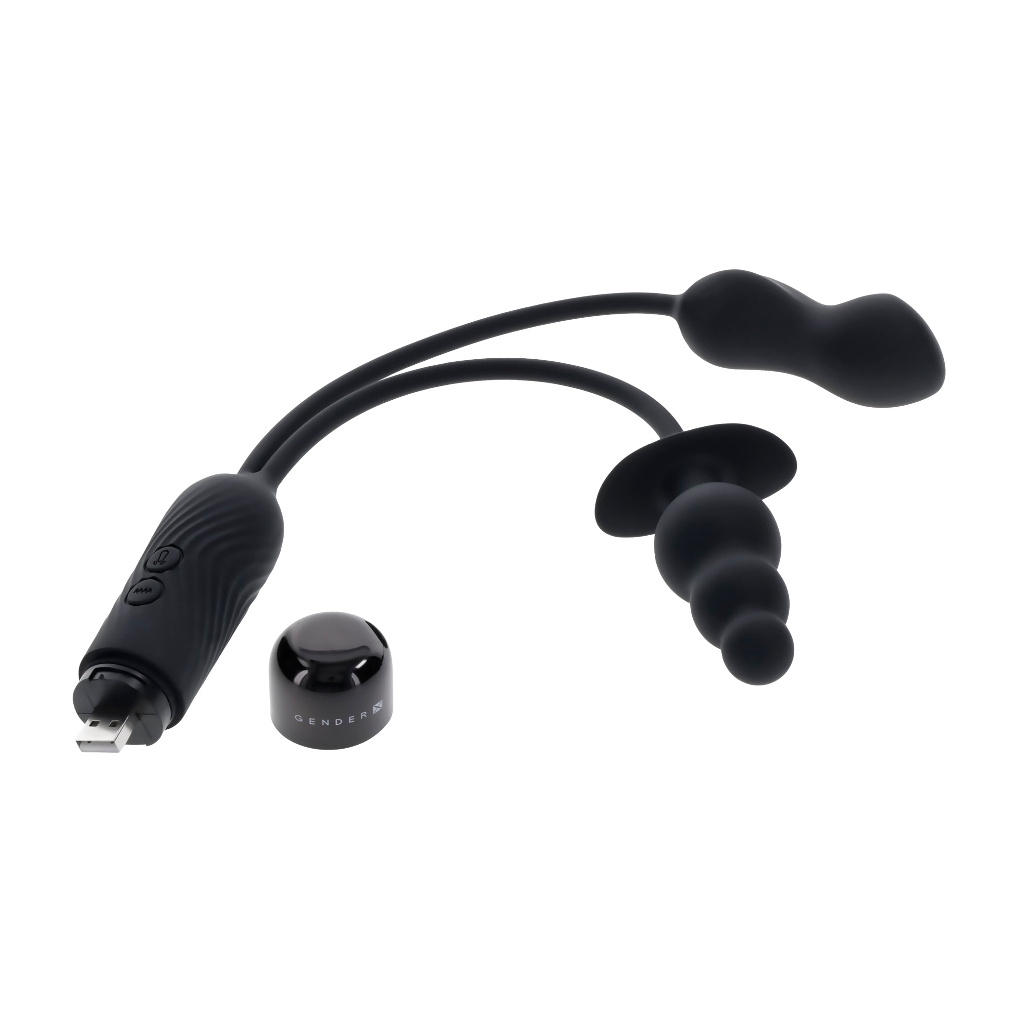 Black silicone double motor rechargeable vibe with beaded plug and USB charging.