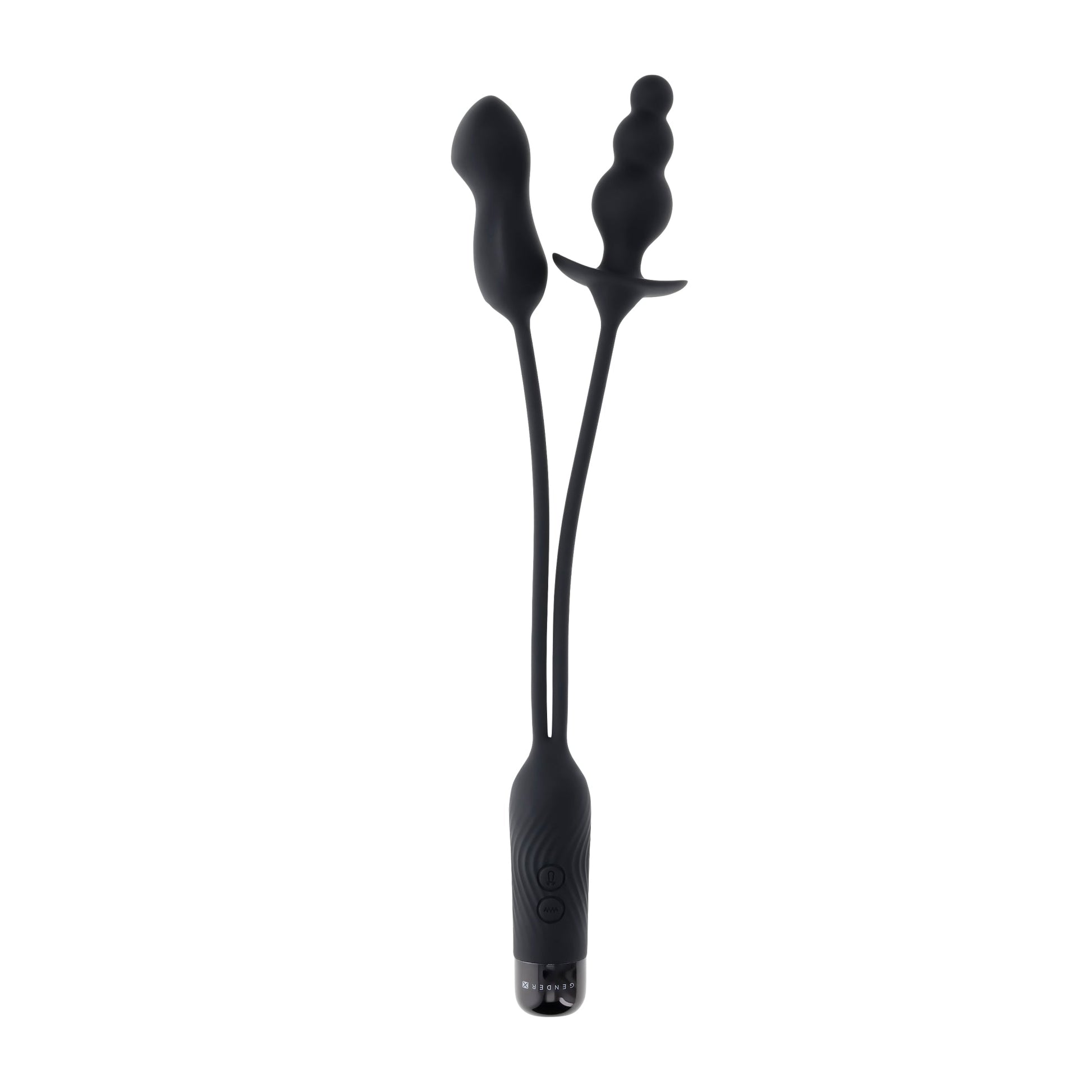 Black silicone dual motor rechargeable vibe with beaded plug and mini-vibe.