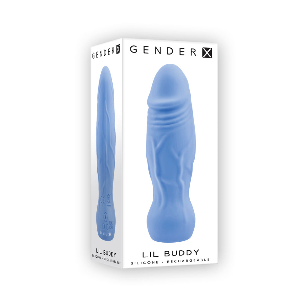 Blue silicone Lil Buddy vibrator in its packaging.