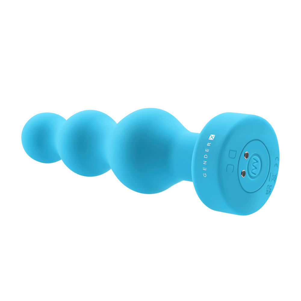 A blue beaded silicone vibrating anal plug with a flat base.