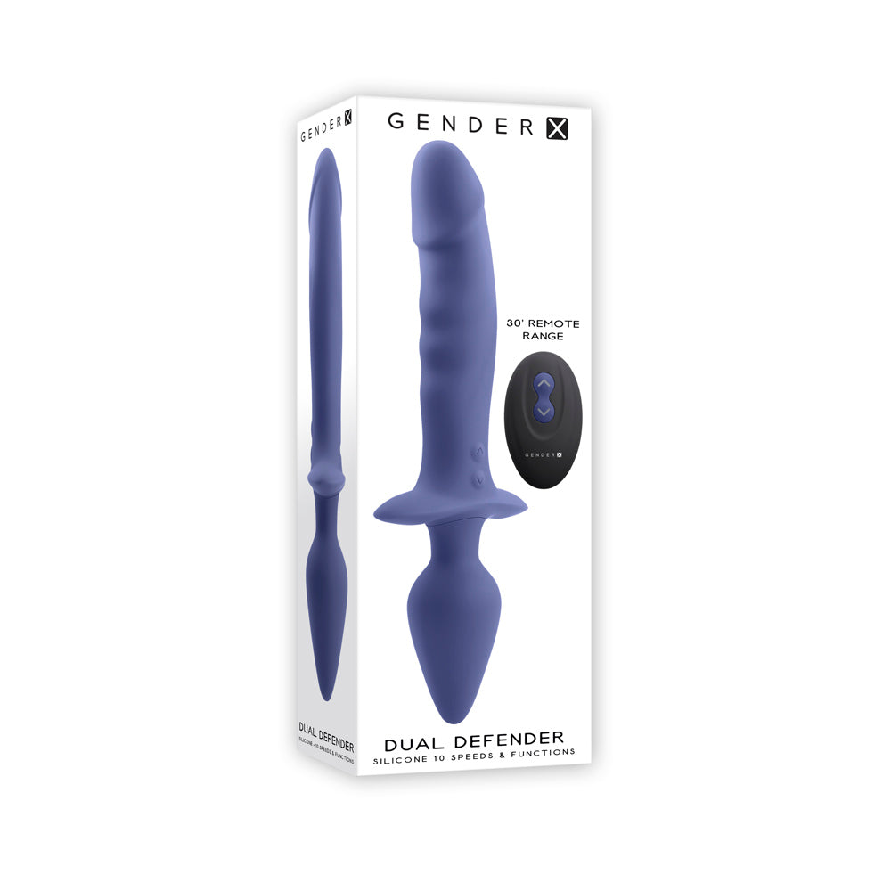A purple dual-ended silicone vibrator with a remote control.