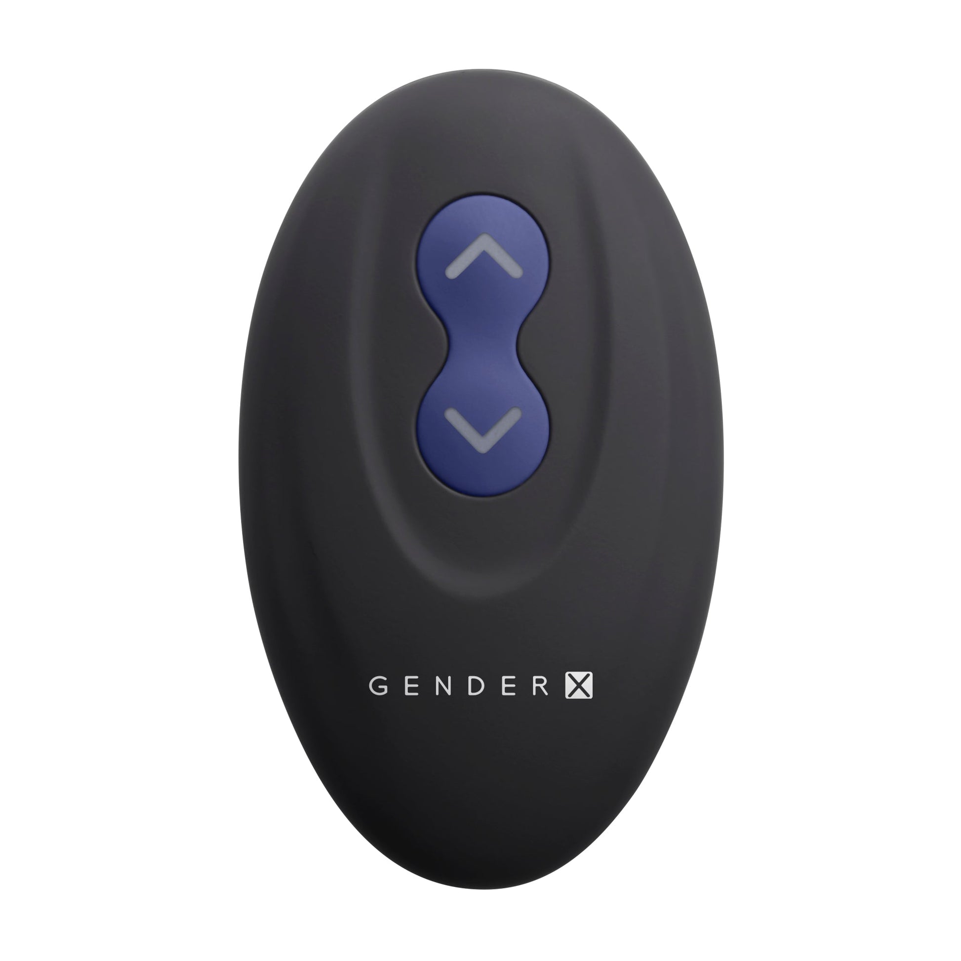 Black oval remote with blue up and down arrows and Gender X logo.