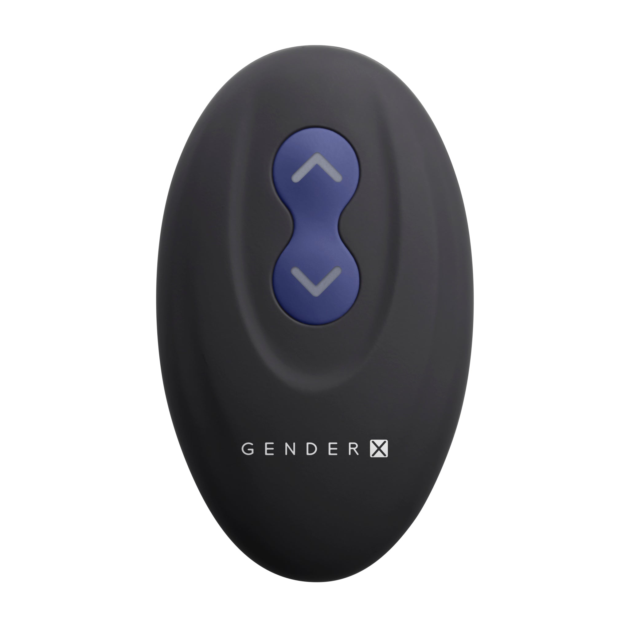 Black oval remote with blue up and down arrows and Gender X logo.