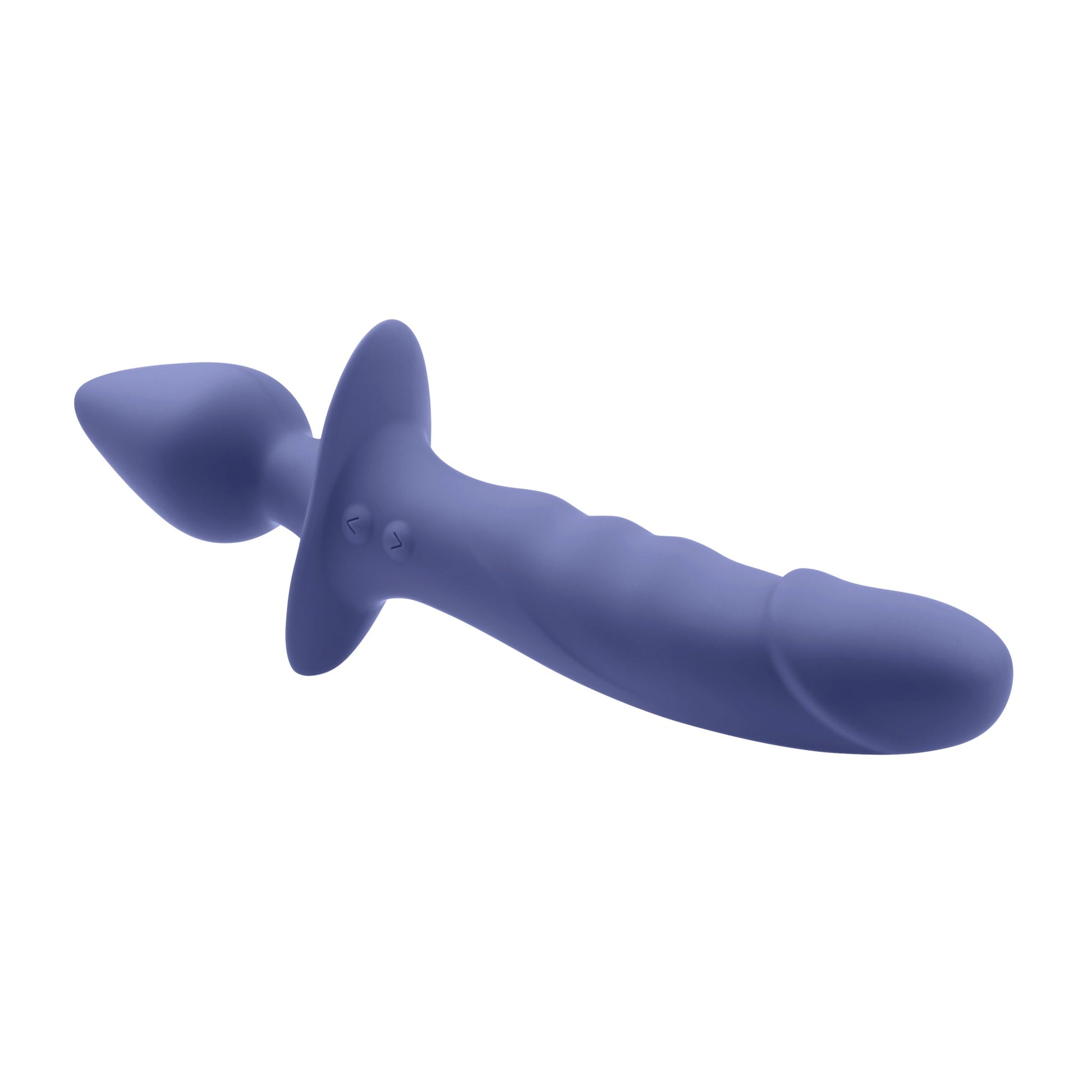 A purple silicone vibrator with a dual-ended design and remote control.