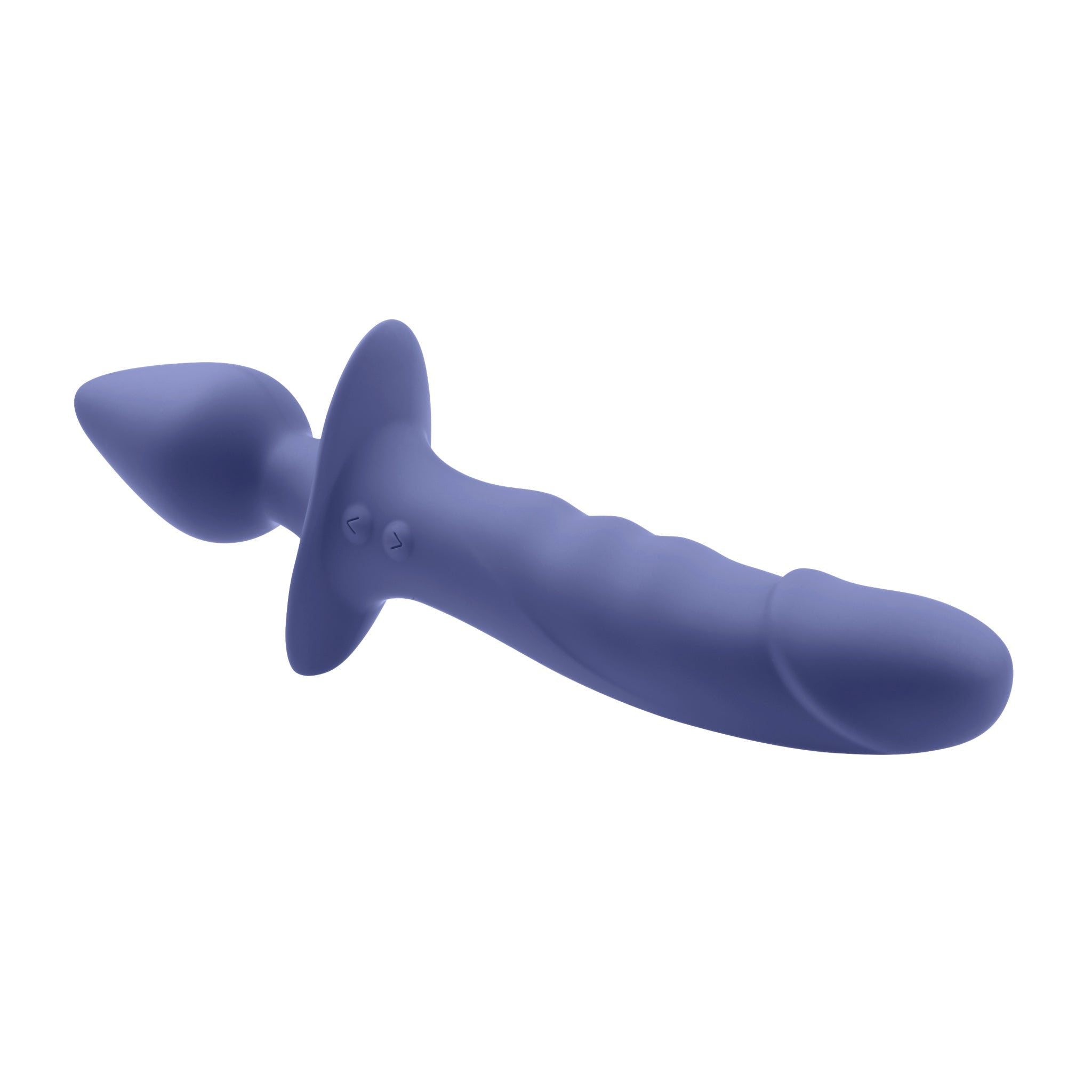 A purple silicone vibrator with a dual-ended design and remote control.