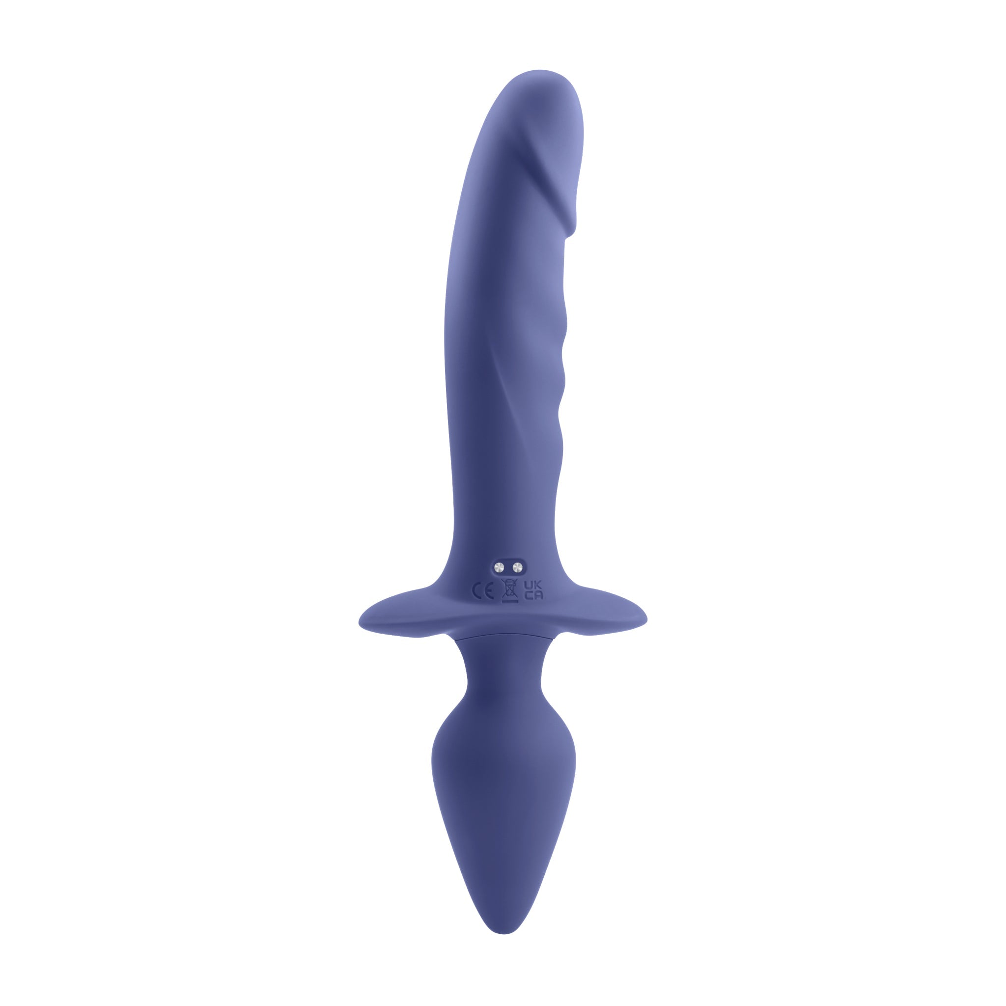 A purple dual-ended vibrator with a realistic shaft and tapered plug.