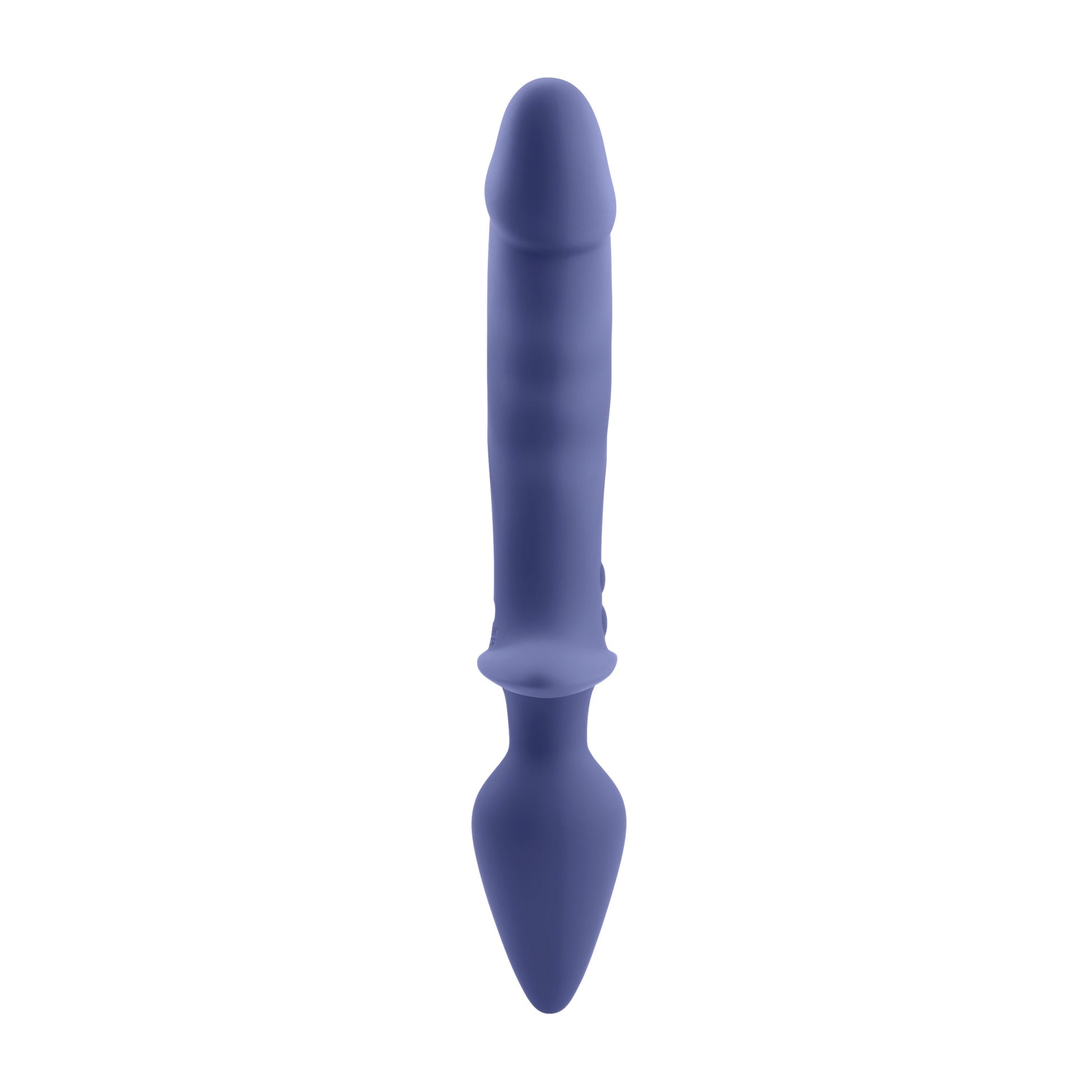 A purple silicone vibrator with a realistic shaft and a tapered plug.