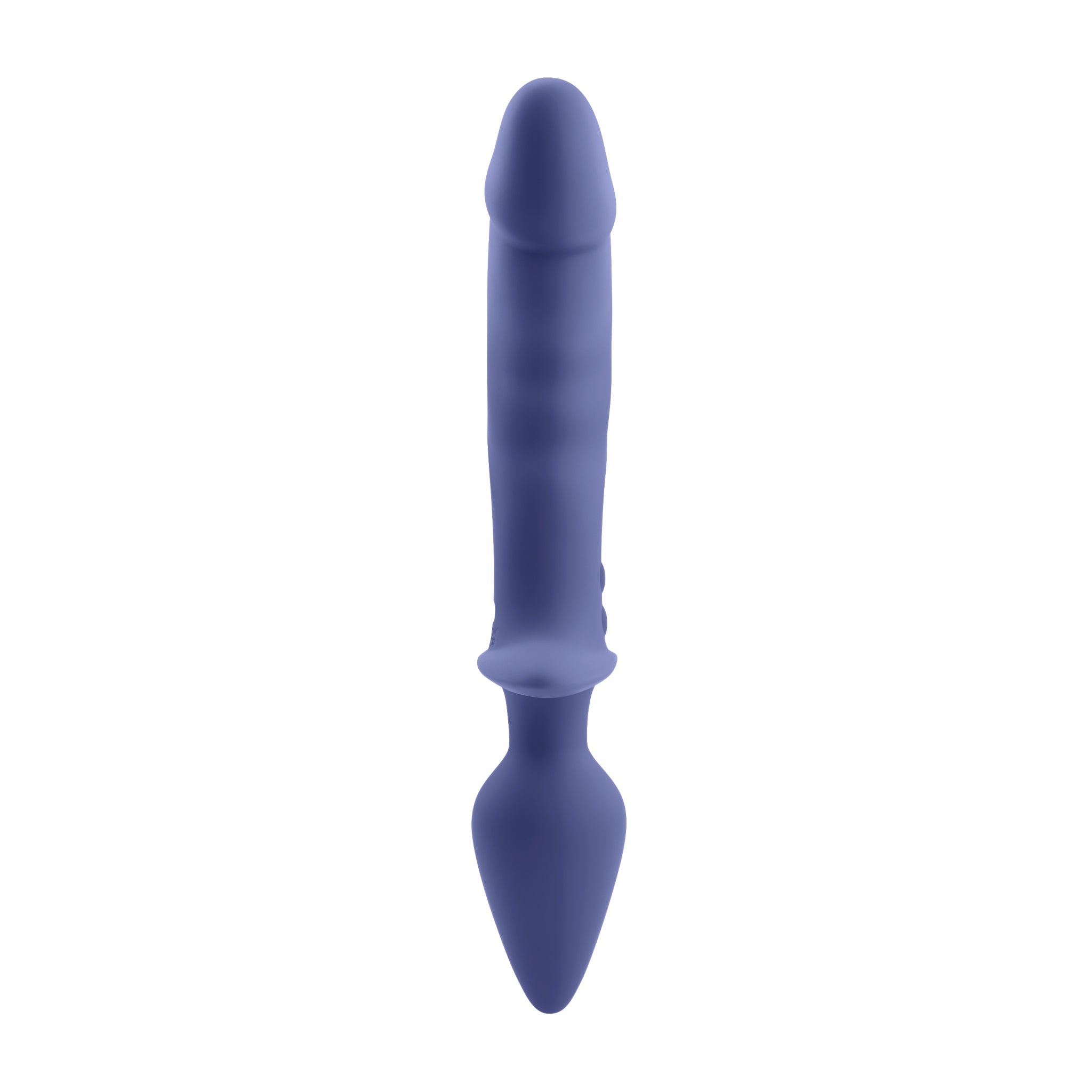 A purple silicone vibrator with a realistic shaft and a tapered plug.