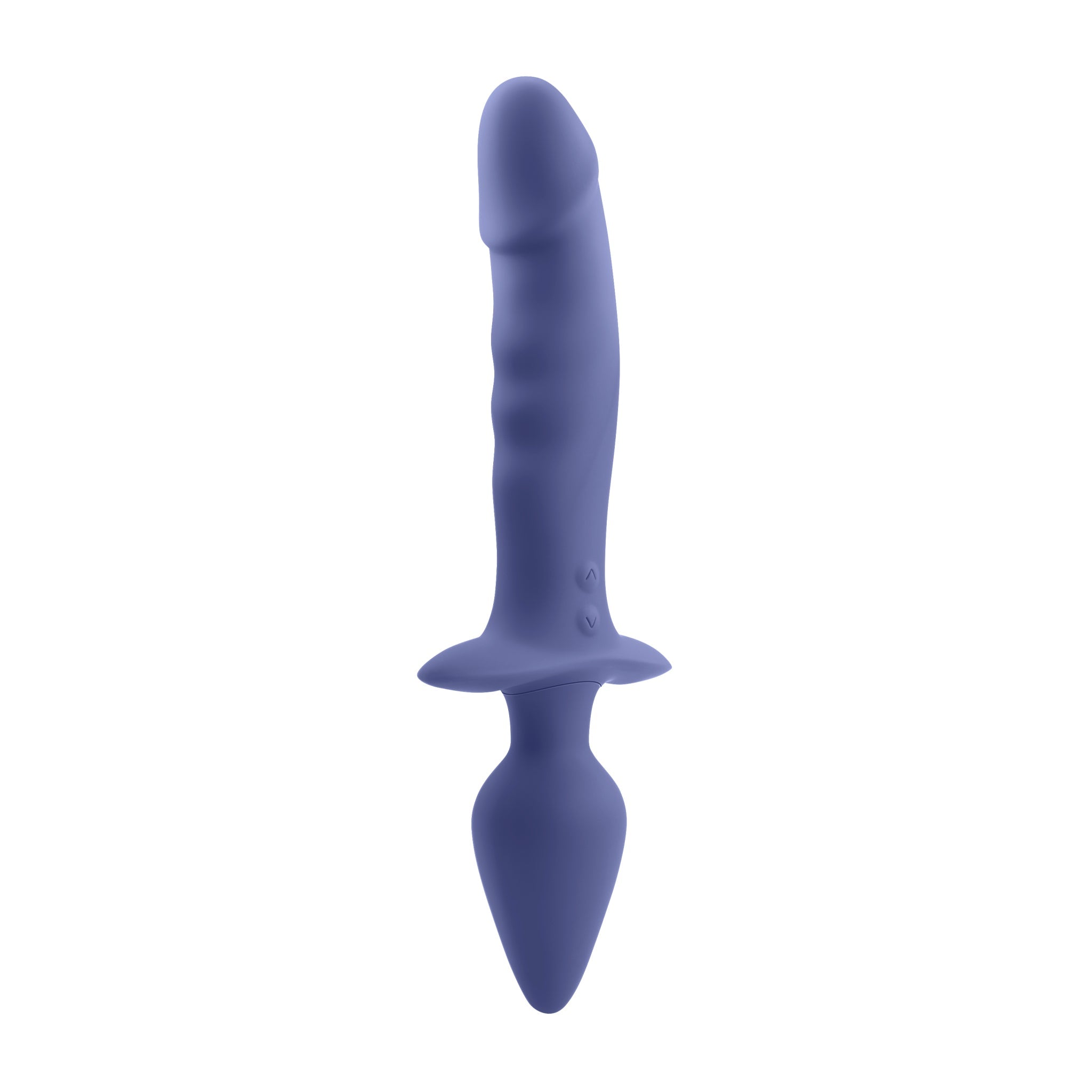 A purple dual-ended vibrator with a realistic shaft and a tapered plug.