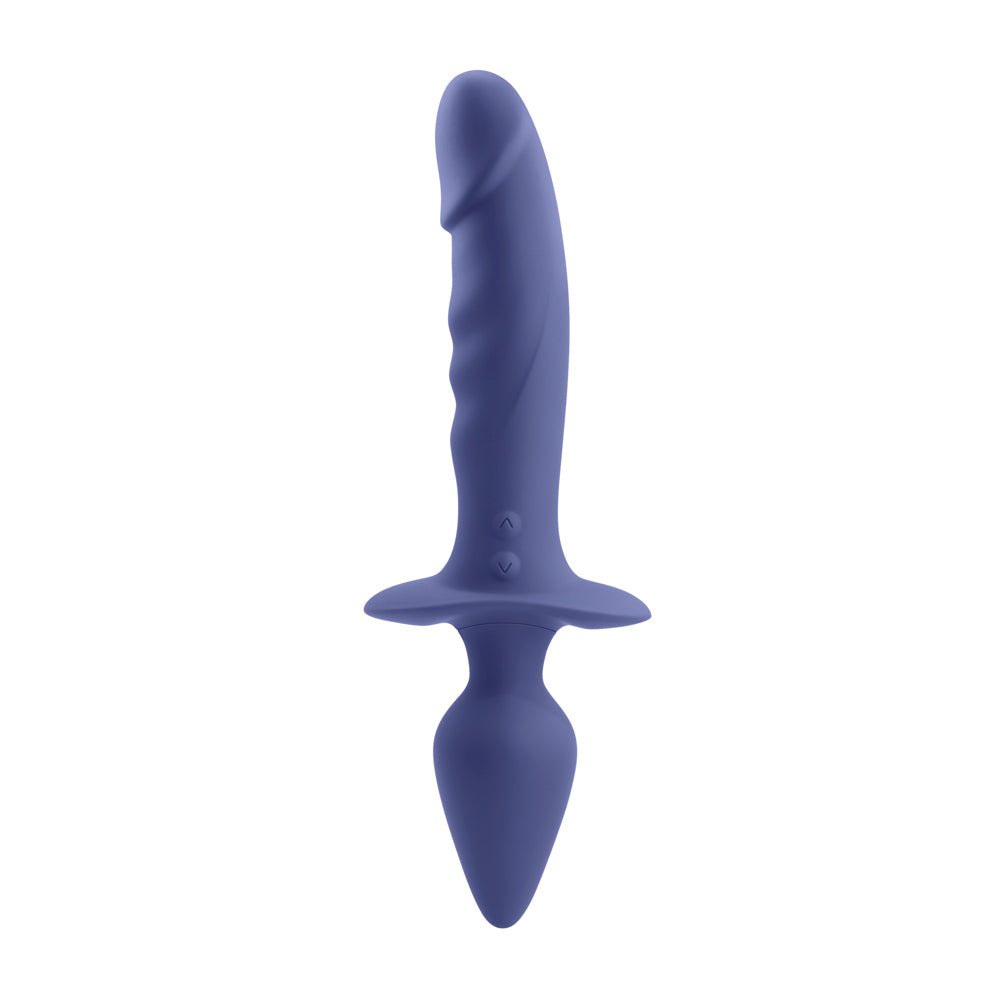 A purple dual-ended vibrator with a realistic shaft and a tapered plug.