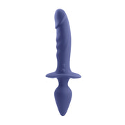 A purple dual-ended vibrator with a realistic shaft and a tapered plug.