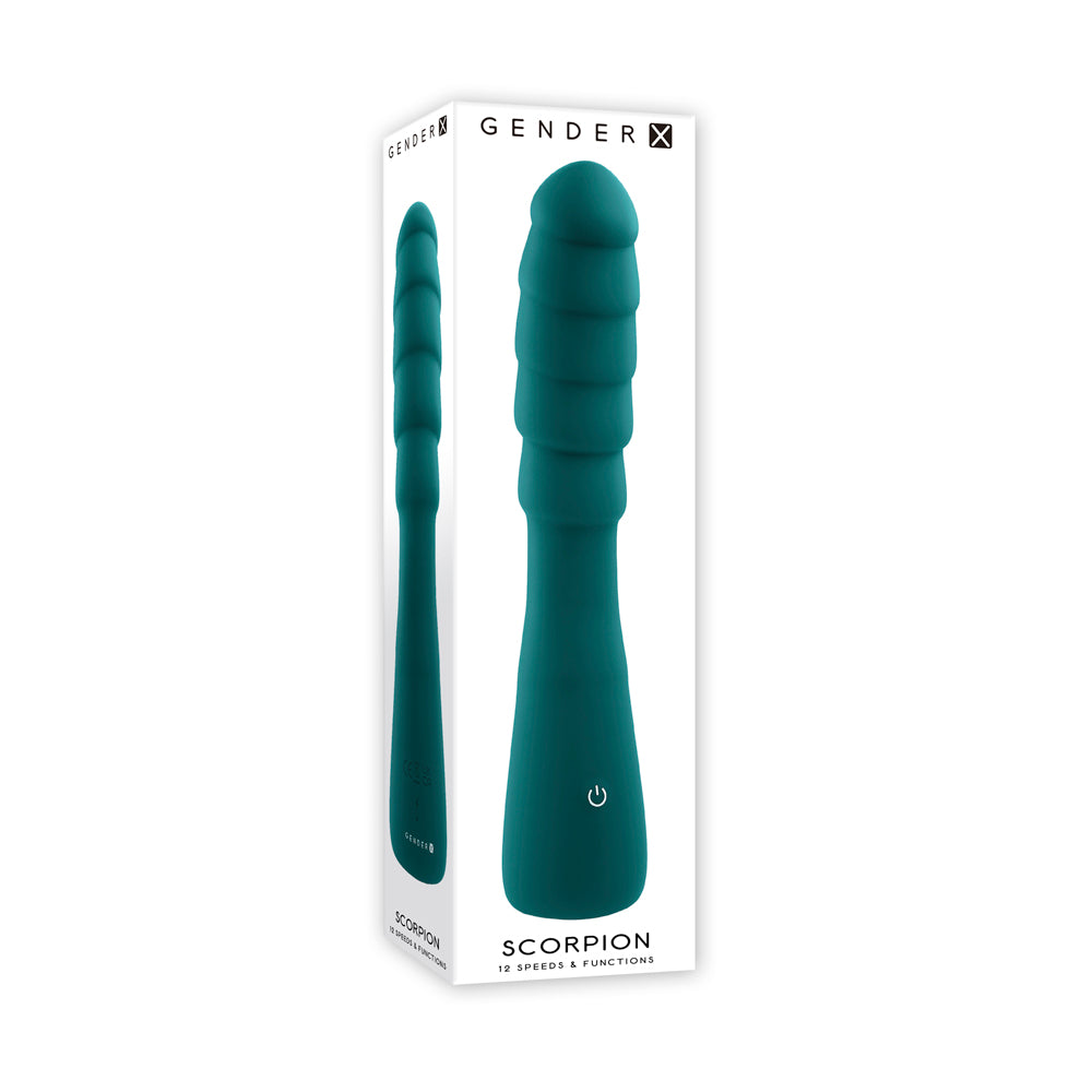 Teal Gender-X Scorpion silicone prostate massager on its packaging.