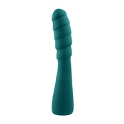 Teal silicone prostate massager with a curved, ribbed design.