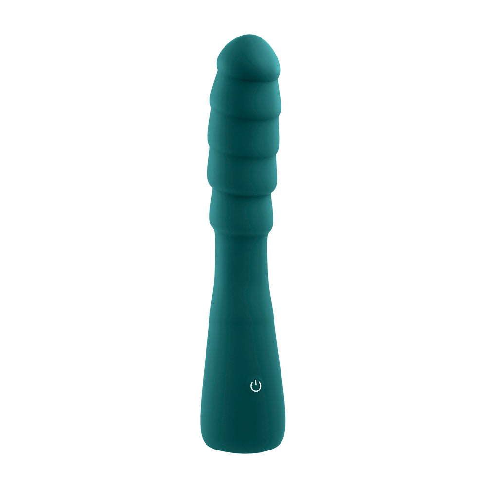 Teal silicone prostate massager with ribbed texture and power button.