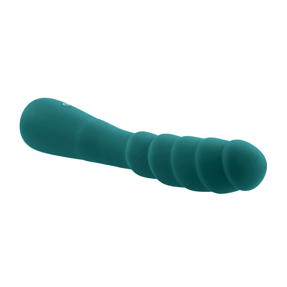 Teal silicone prostate massager with a ribbed texture and curved handle.