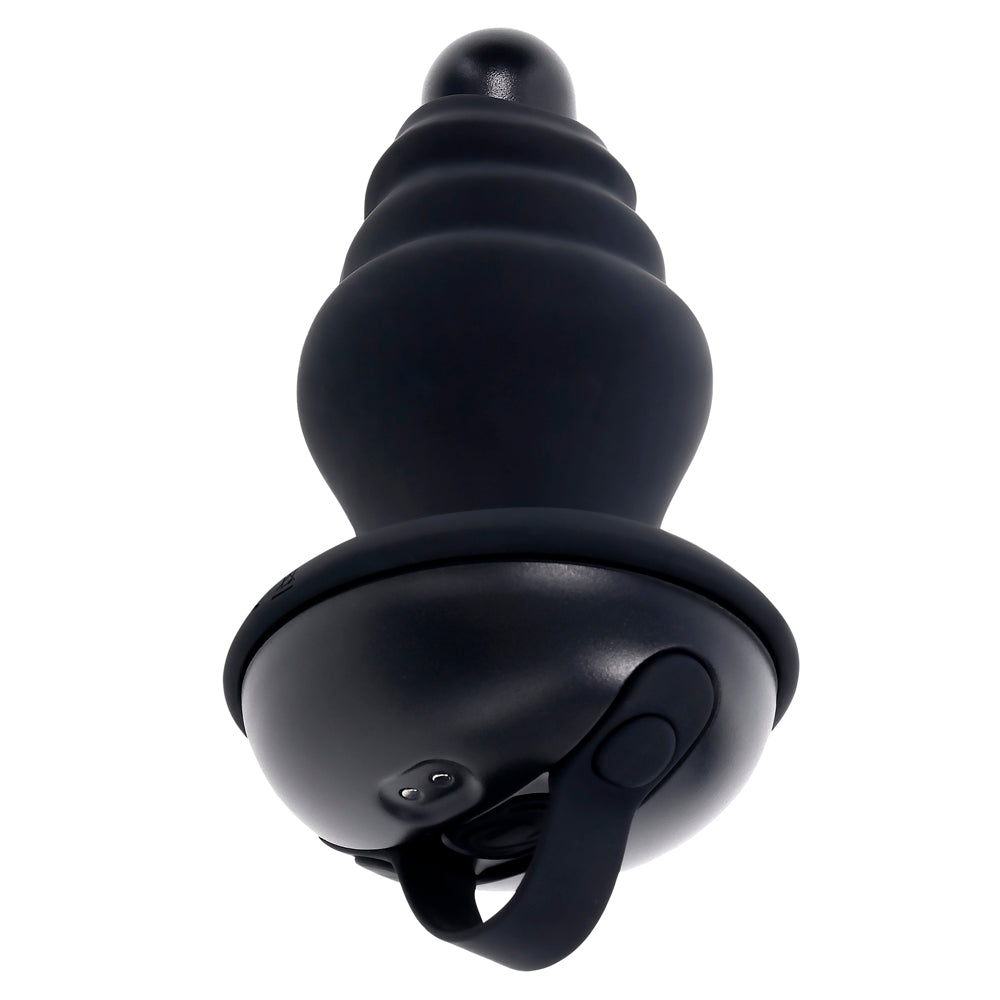 Black silicone vibrating shaft with a ribbed texture and a flared base.