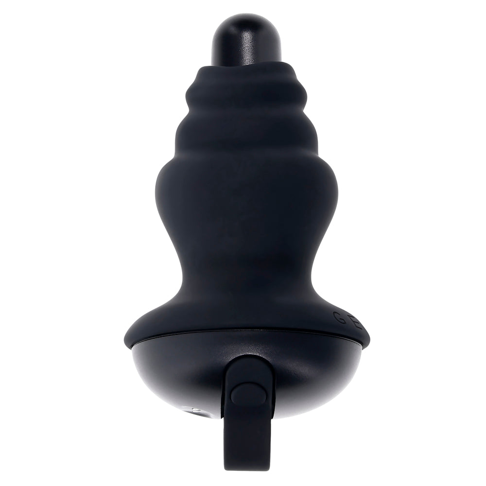 Black silicone vibrating shaft with a ribbed texture and a rounded tip.