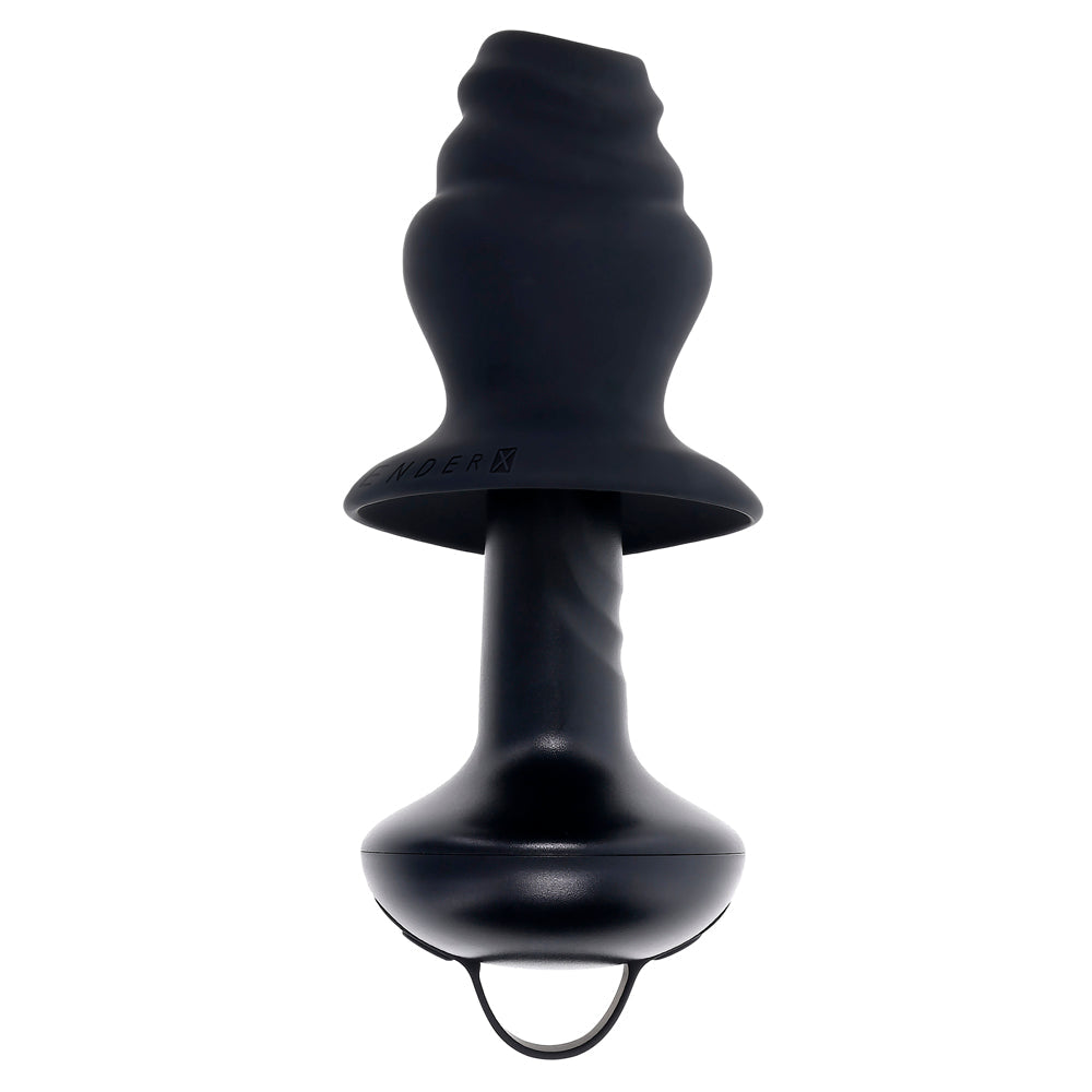 Black silicone vibrating shaft with a flared base and a loop handle.