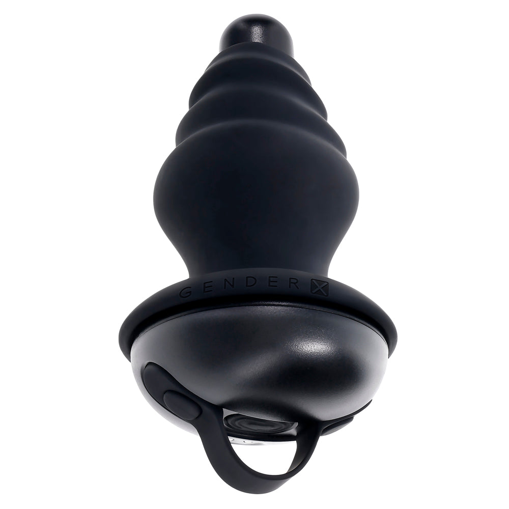 Black silicone vibrating shaft with a ribbed texture and a base featuring buttons and a loop.