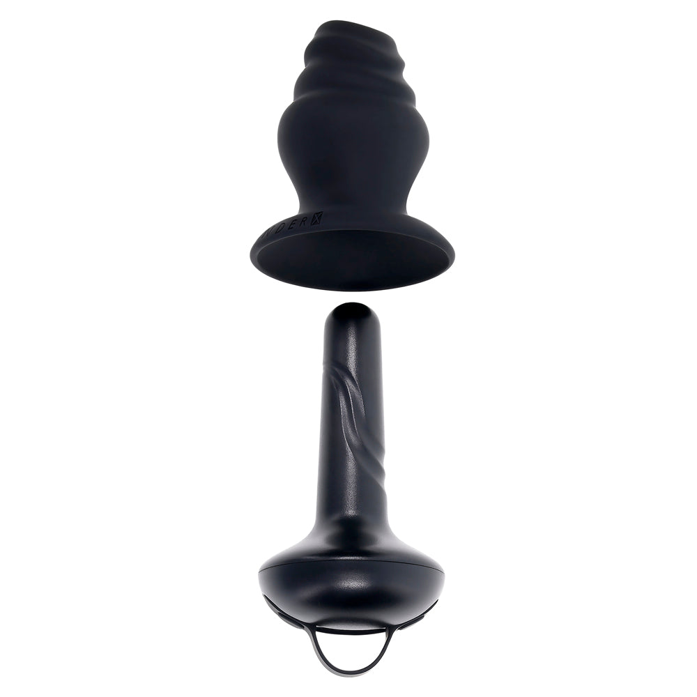Black silicone vibrating shaft with a textured top and a flared base with a loop.