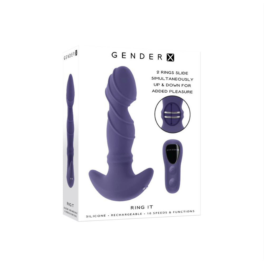 A purple vibrator with a textured head and two sliding rings, shown with its remote.