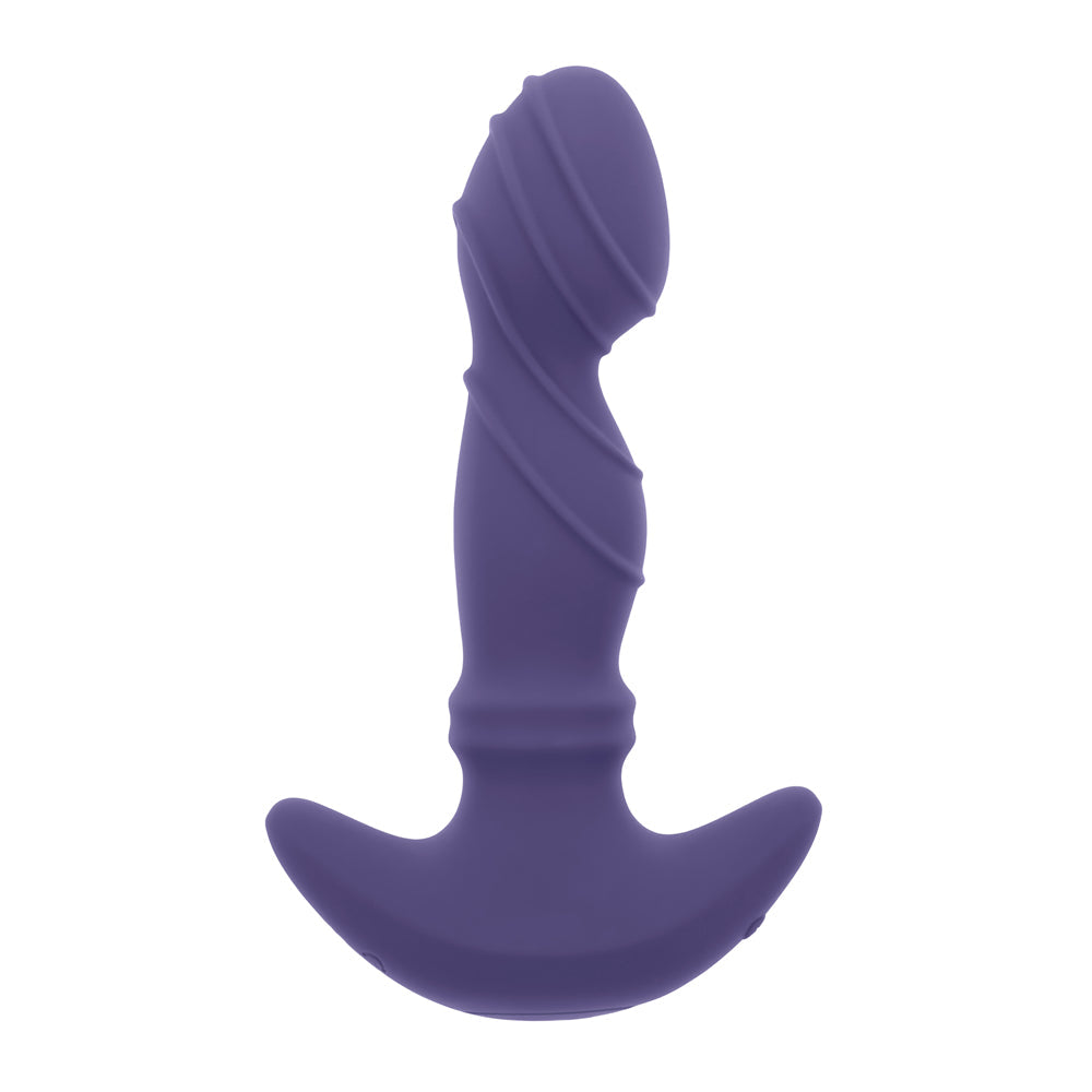 Purple remote-controlled sliding ring vibrator with textured head and dual motors.