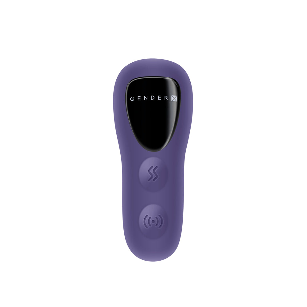 A purple Gender-X remote controlled vibrator with a black screen and two buttons.