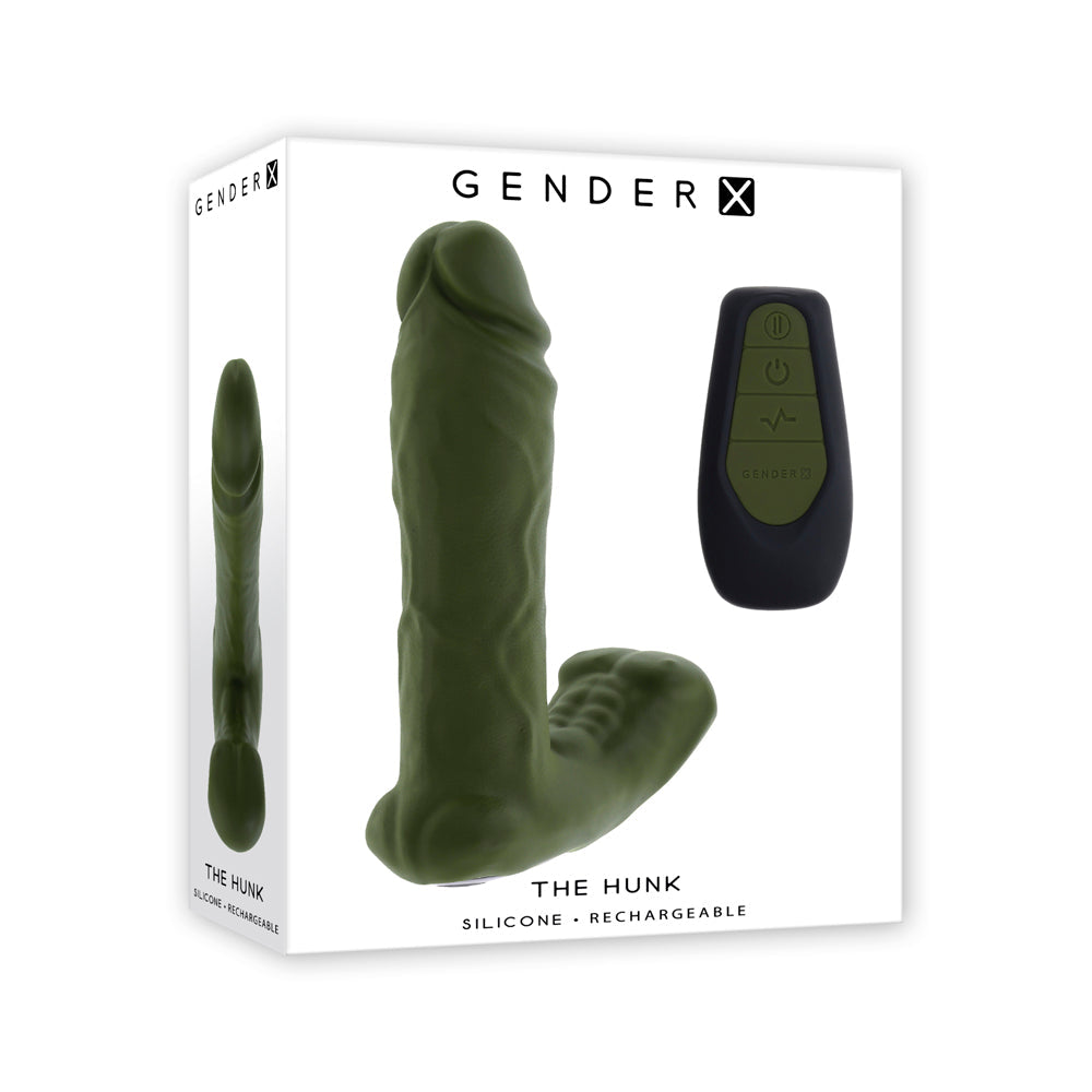 Green Gender-X The Hunk dual vibrator with remote control on packaging.