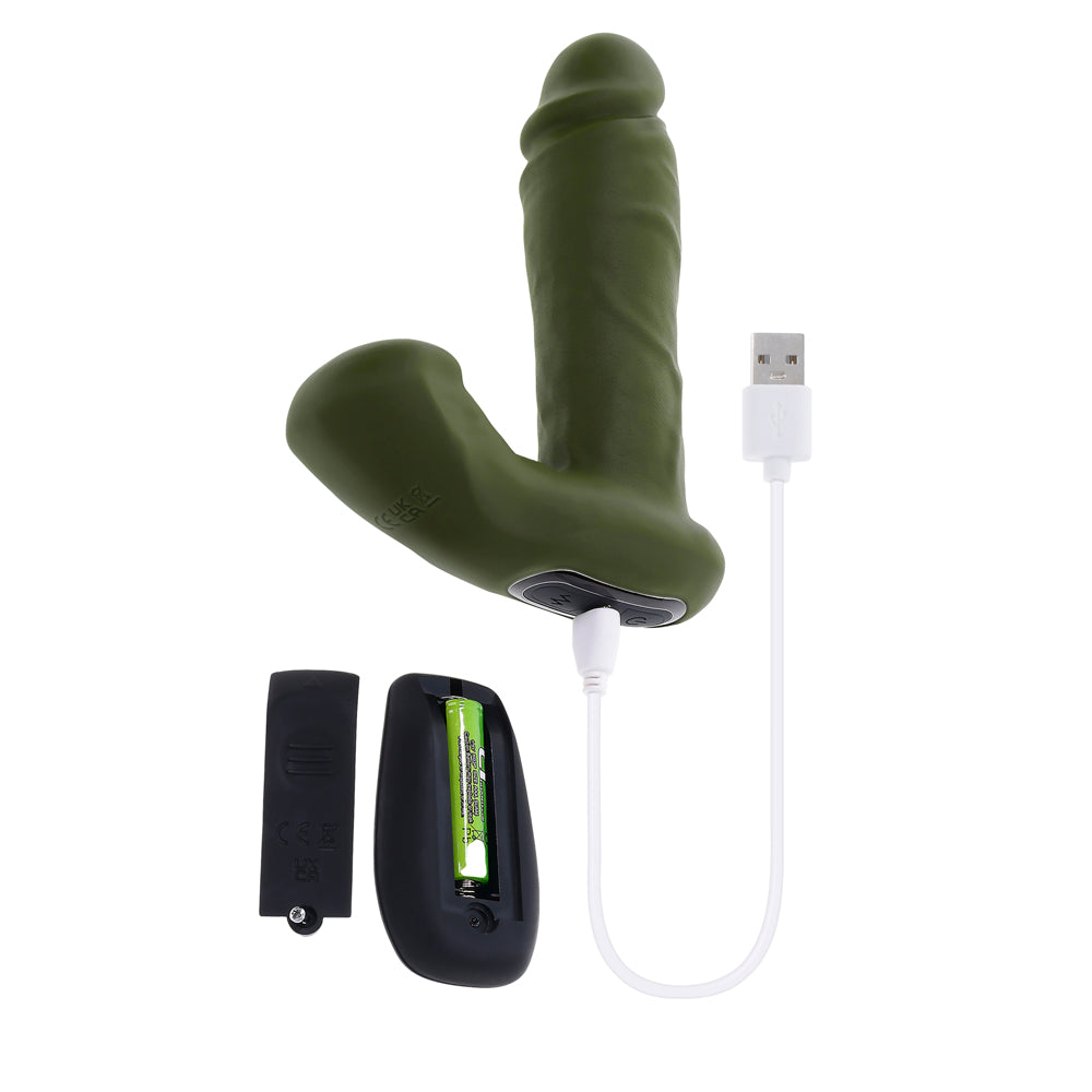 A green dual vibrator with a USB charging cable and battery compartment.