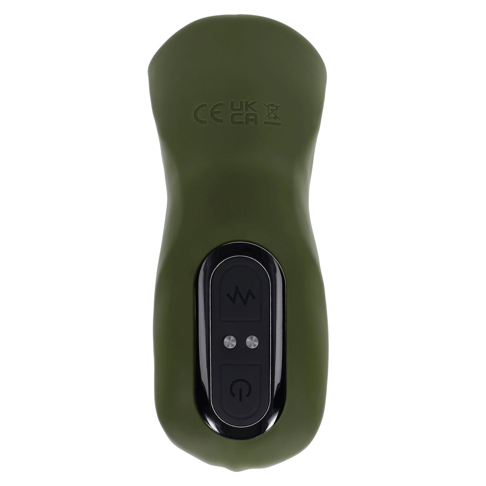 Green remote with power, vibration, and intensity buttons.