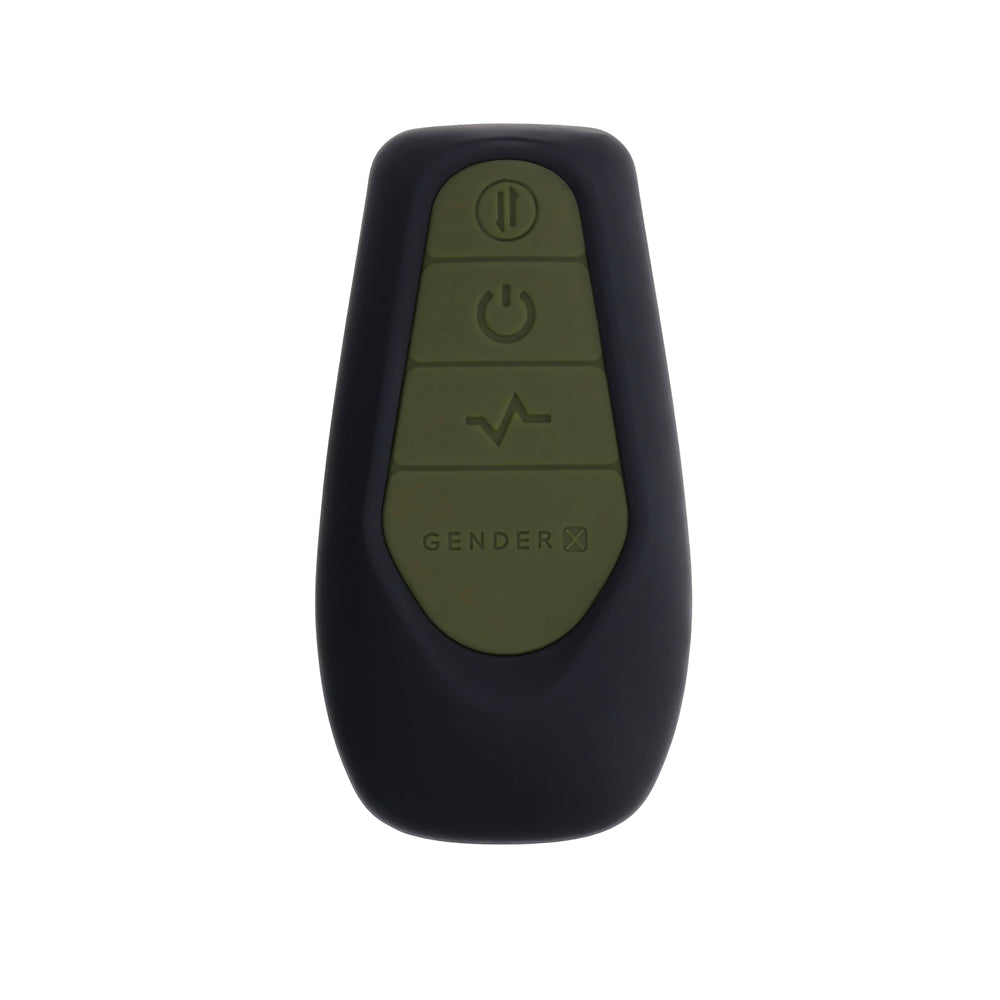 A black remote control with green buttons featuring a pause, power, and vibration symbol.