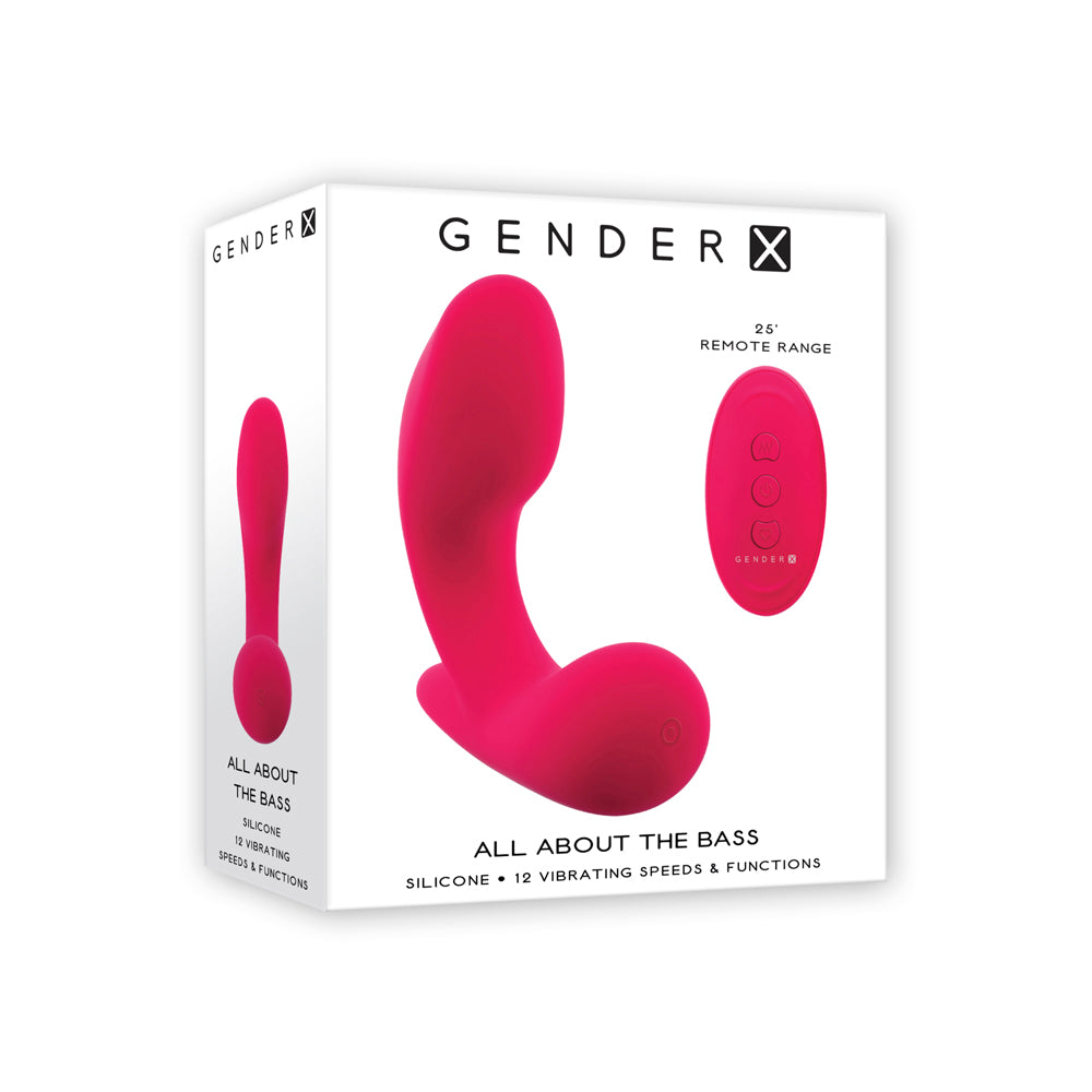 Pink remote-controlled vibrating massager with text details.