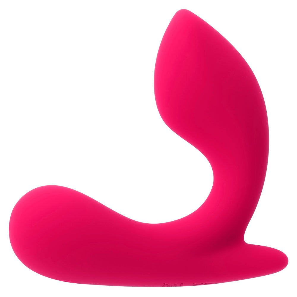 A pink remote-controlled vibrating prostate massager with a curved shaft.