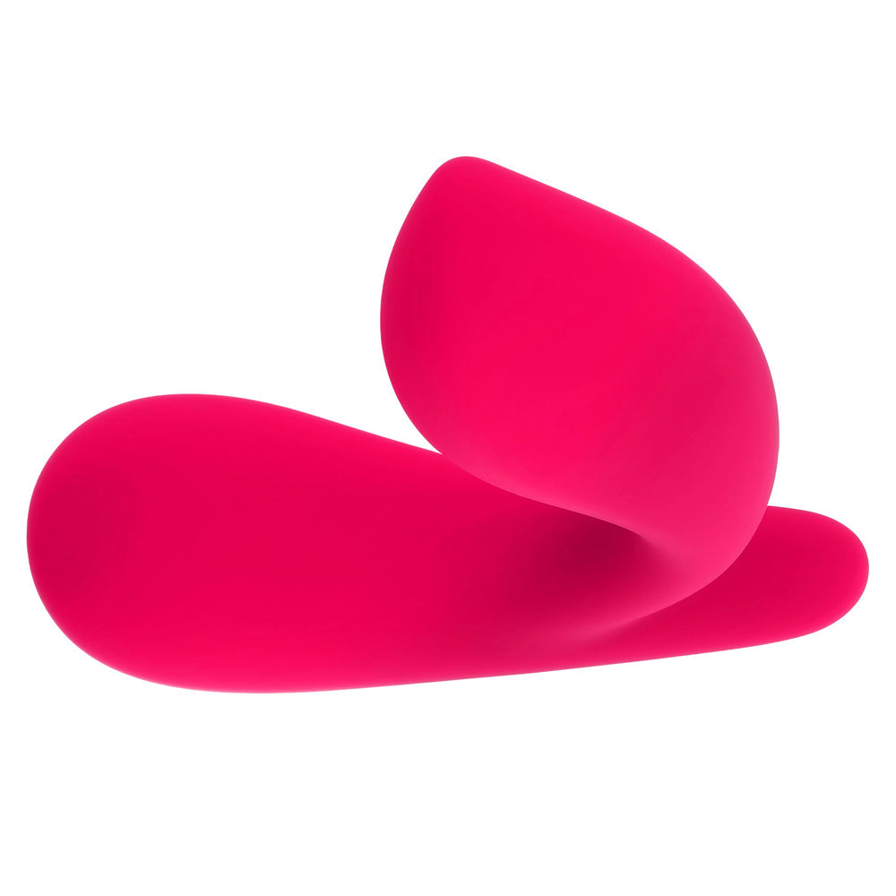 A bright pink, curved prostate massager with a smooth finish.