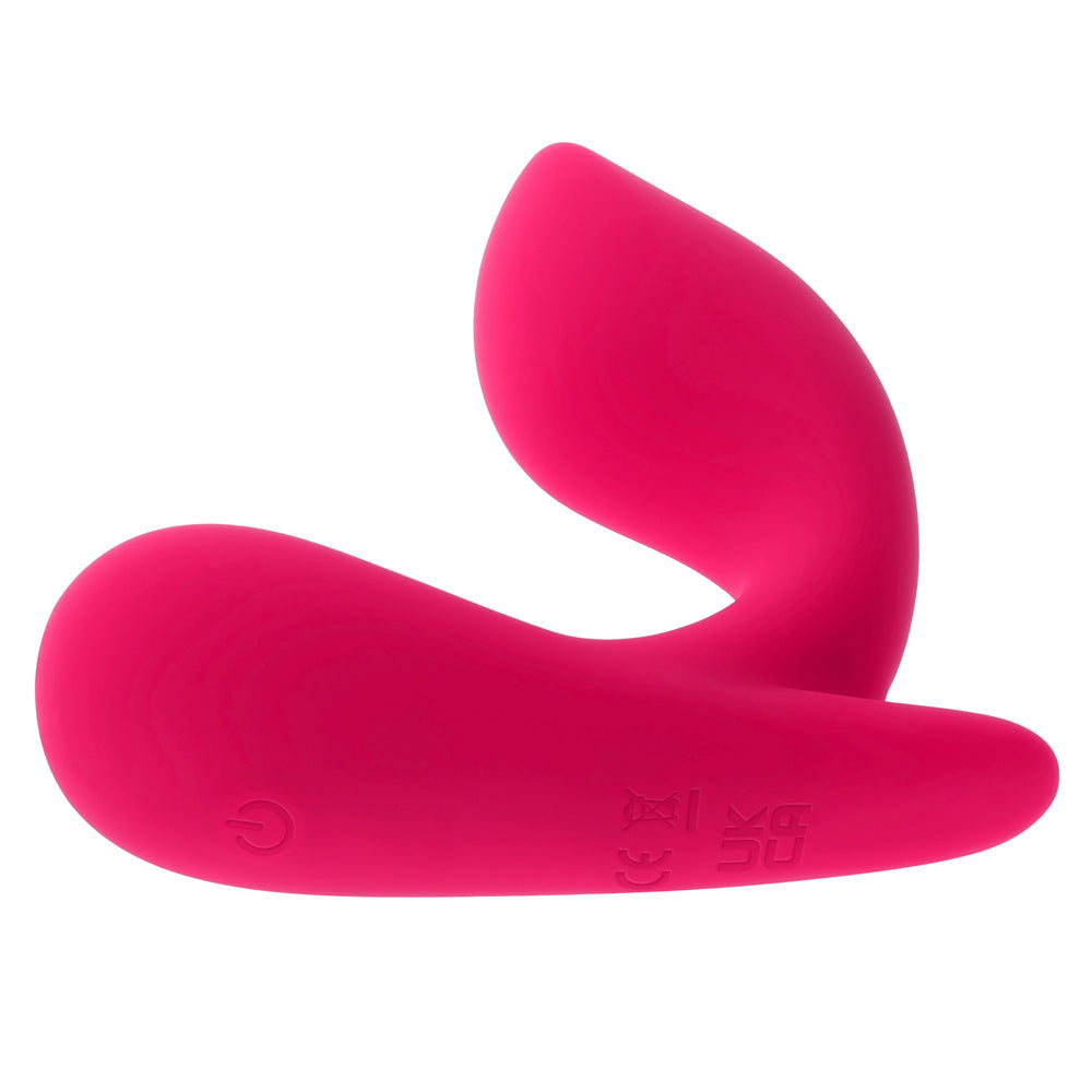 A pink remote-controlled vibrating prostate massager with a power button and CE UKCA markings.