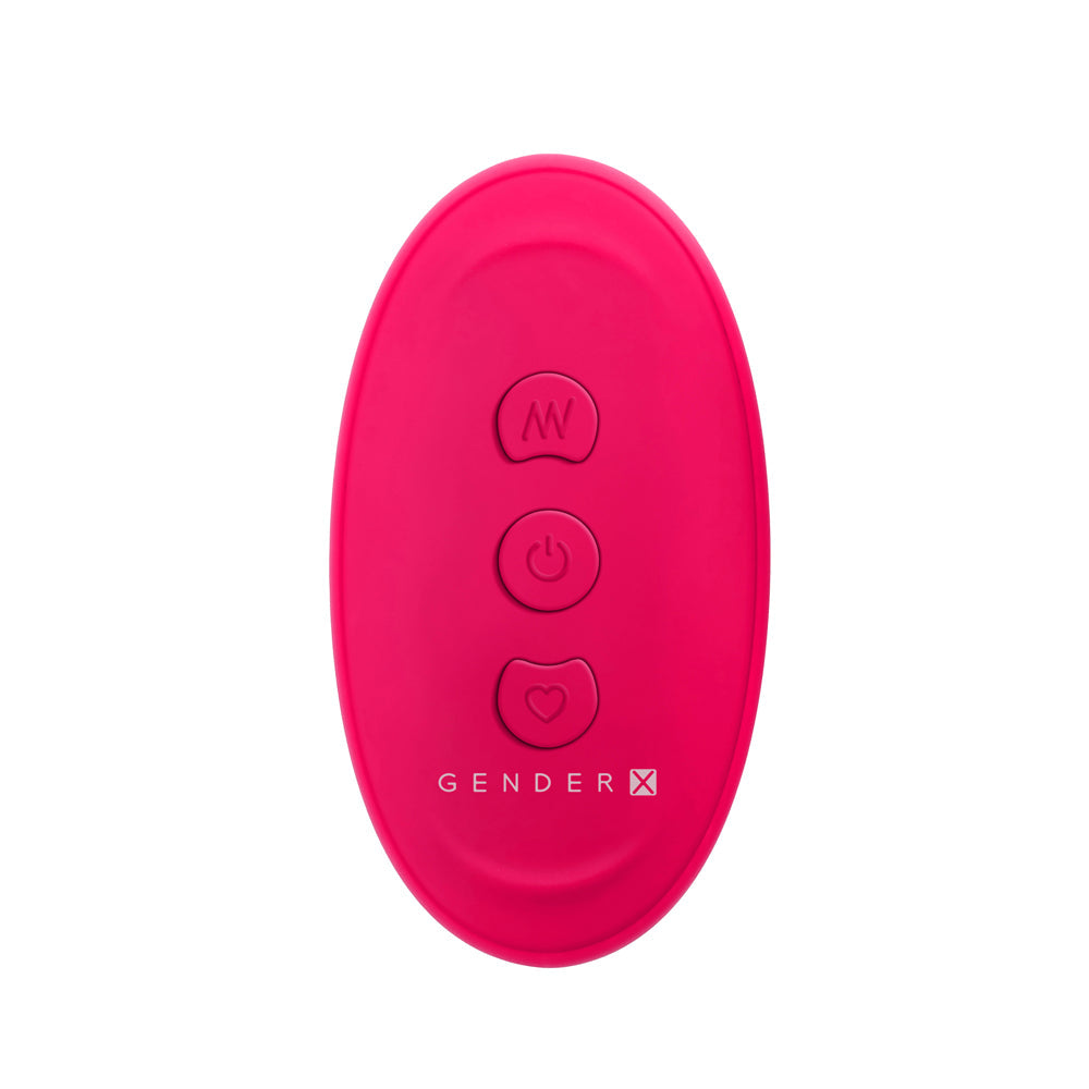 Pink remote control with three buttons and a logo.